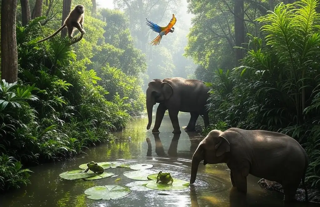 El Animal Más Sabio del Bosque 1 Un bosque con elefantes , ranas. un mono y un loro