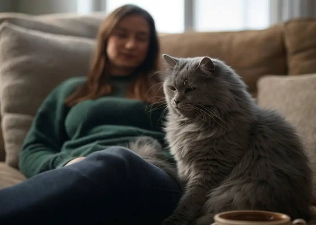 Gato gris con su humana