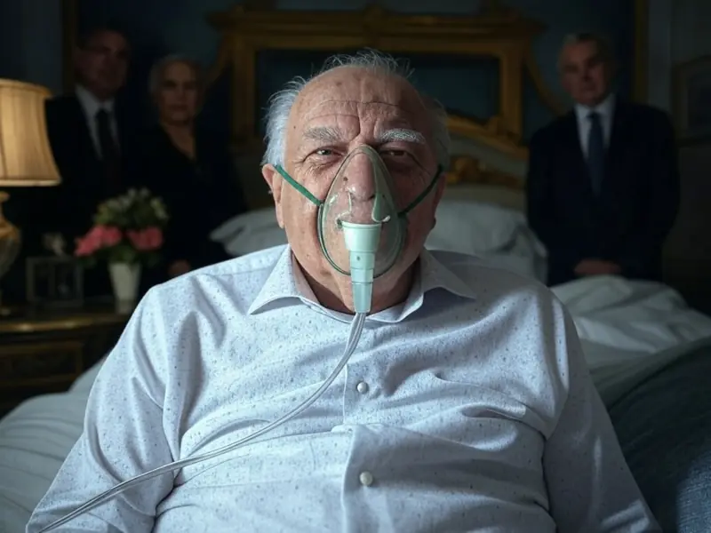 Anciano Millonario con mascarilla sentado en la cama