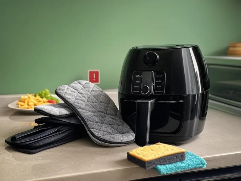 Freidora de Aire: Peligros que No Conocías 3 Freidora de aire con utensilios para uso seguro.