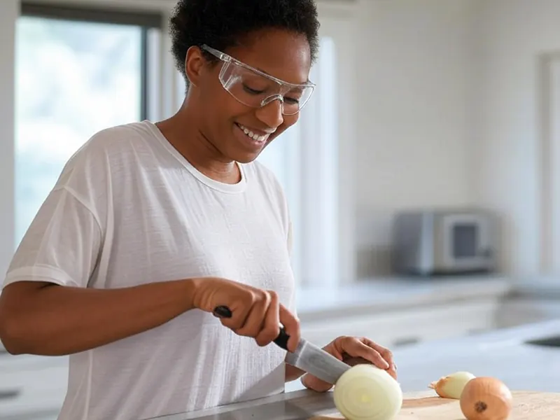 Mujer cortando cebolla con gafas protectoras
