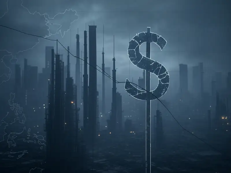 Gráfico económico con una línea de PIB cayendo y fábricas cerradas bajo un cielo tormentoso.