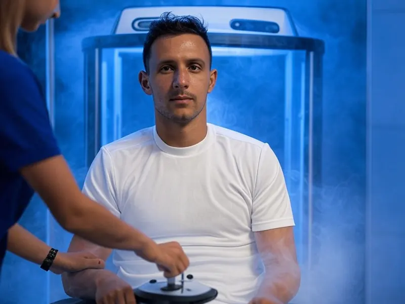 Futbolista profesional recuperándose con crioterapia en un centro médico deportivo