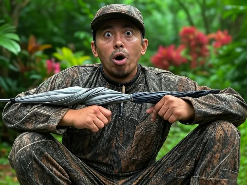 El Abuelo Rebelde 2 Hombre asombrado en el bosque con un paraguas en las manos