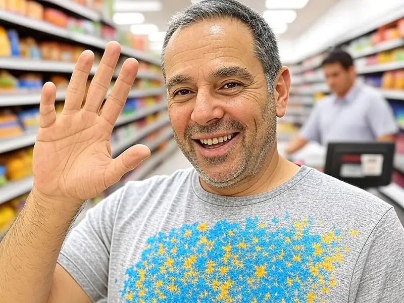 Hombre con la mano alzada despidiéndose con un fondo de supermercado