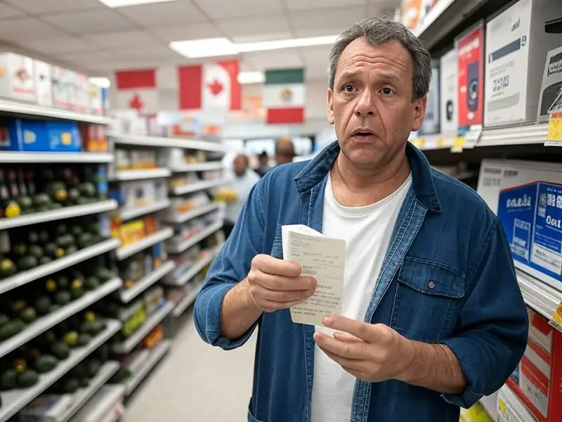 Comprador preocupado en un supermercado con precios altos en aguacates y autopartes por aranceles.