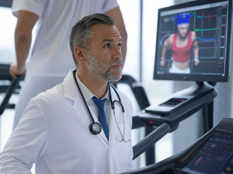 Médico deportivo evaluando el rendimiento físico de un futbolista mediante pruebas especializadas