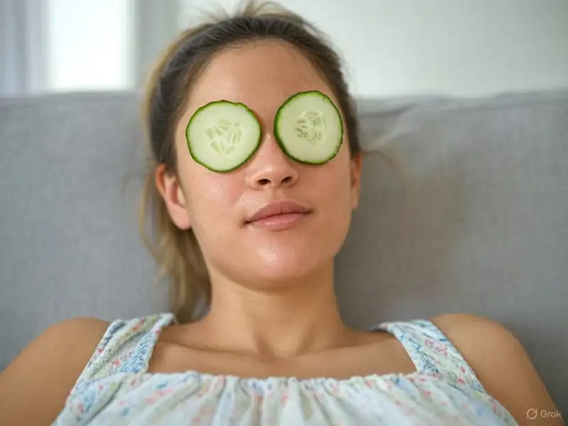 Mujer usando pepino como remedio natural para las ojeras.