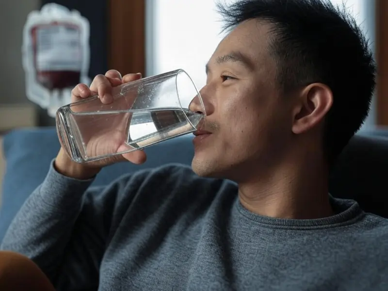 Persona bebiendo agua tras donar sangre para recuperarse