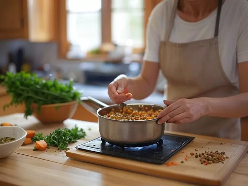 Persona preparando una receta con proteínas vegetales