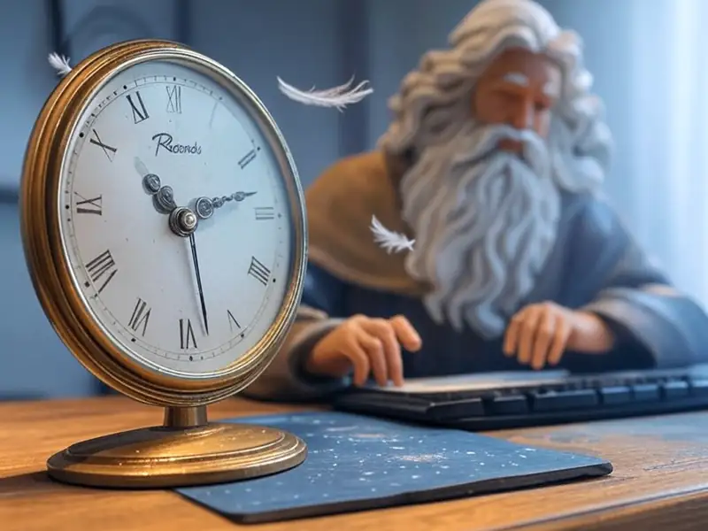 El reloj de Ricardo girando como ventilador en la oficina celestial de Dios, con plumas volando alrededor.