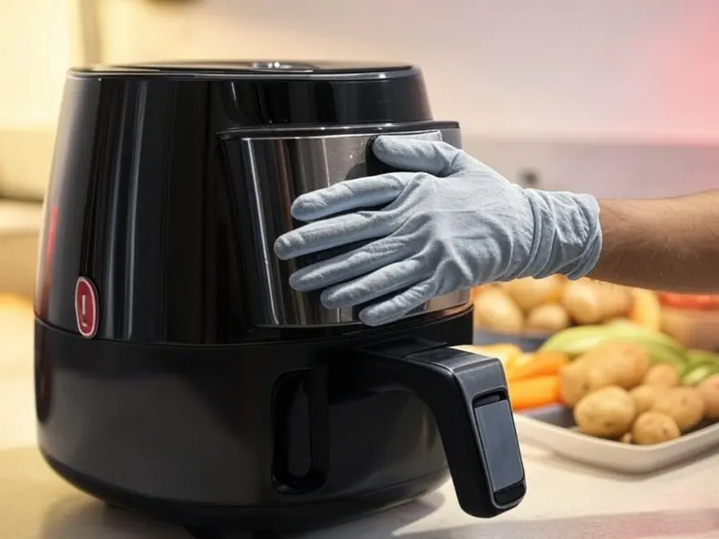 Freidora de Aire: Peligros que No Conocías 2 Mano con guantes manipulando freidora de aire de forma segura.