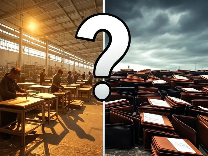 Pantalla dividida con fábricas prósperas a la izquierda y carteras vacías a la derecha.