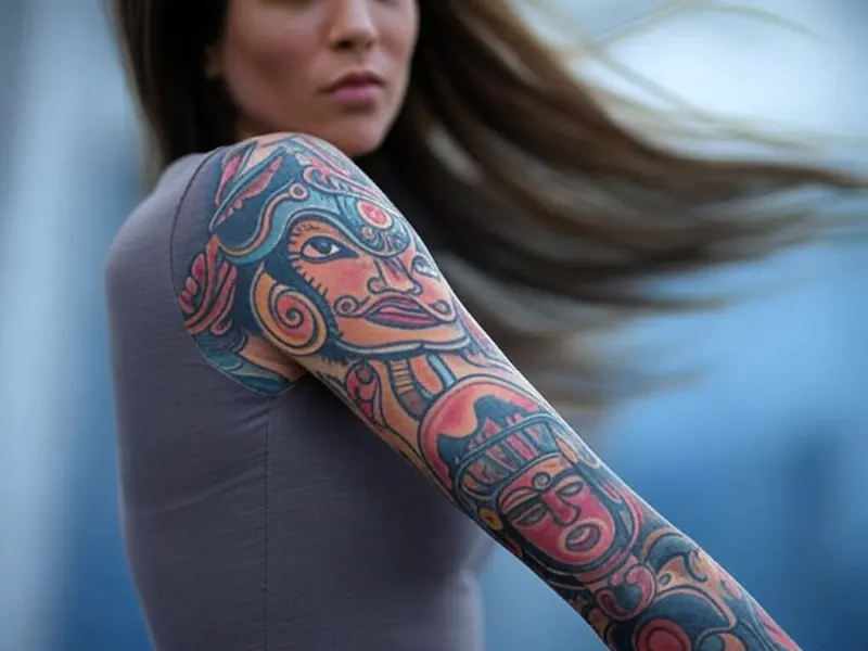 Mujer con un tatuaje grande en el brazo y resto de espalda