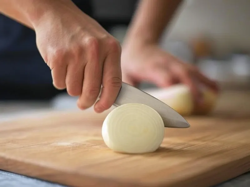 Mano cortando cebolla con cuchillo afilado sobre tabla de madera